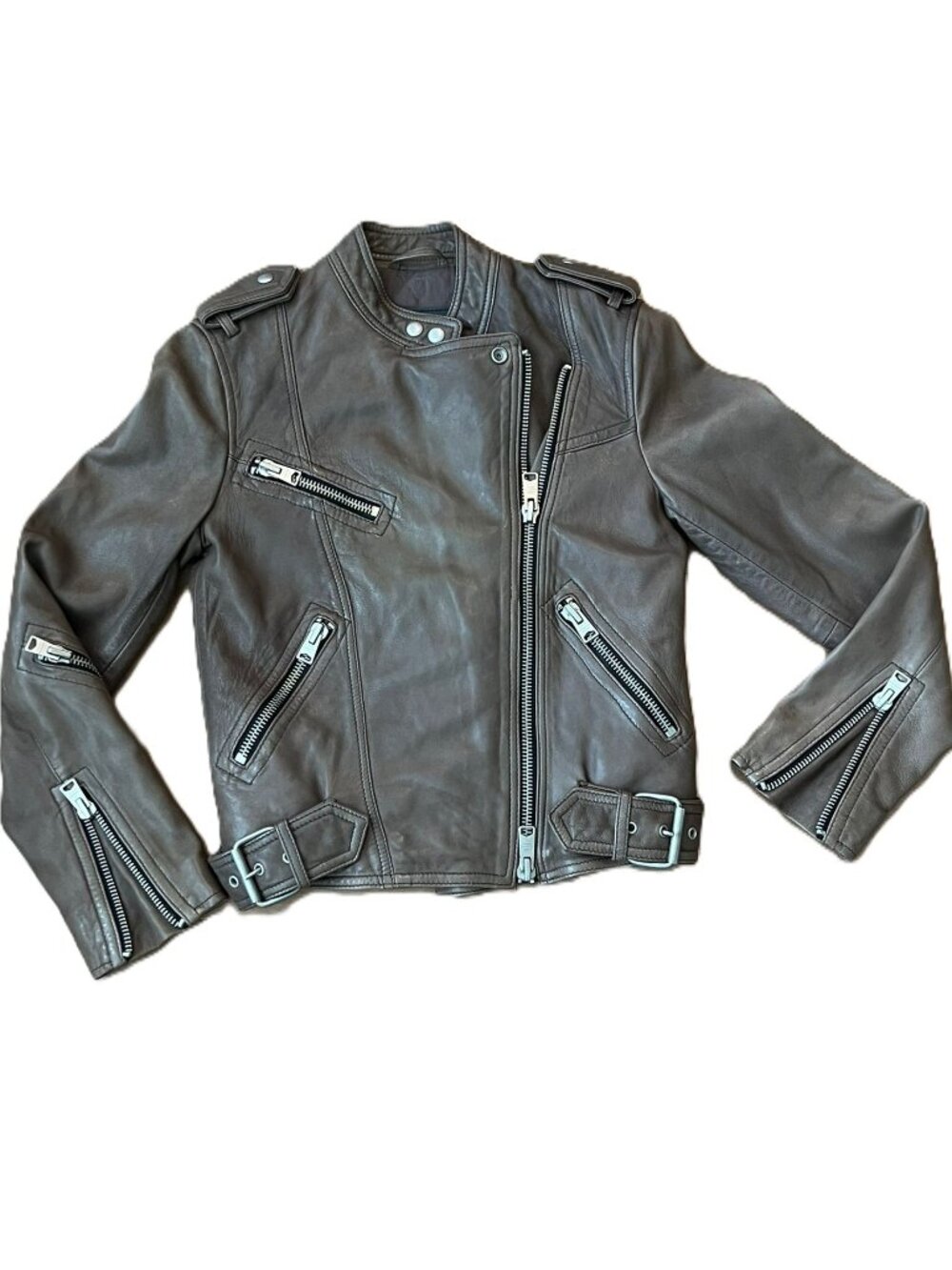 All Saints Lamb Leather Biker Jacket Atkinson Brown Quilted Size 0 XXS